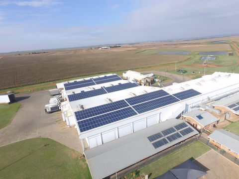 Aerial view of solar panels across the roof of a large commercial building